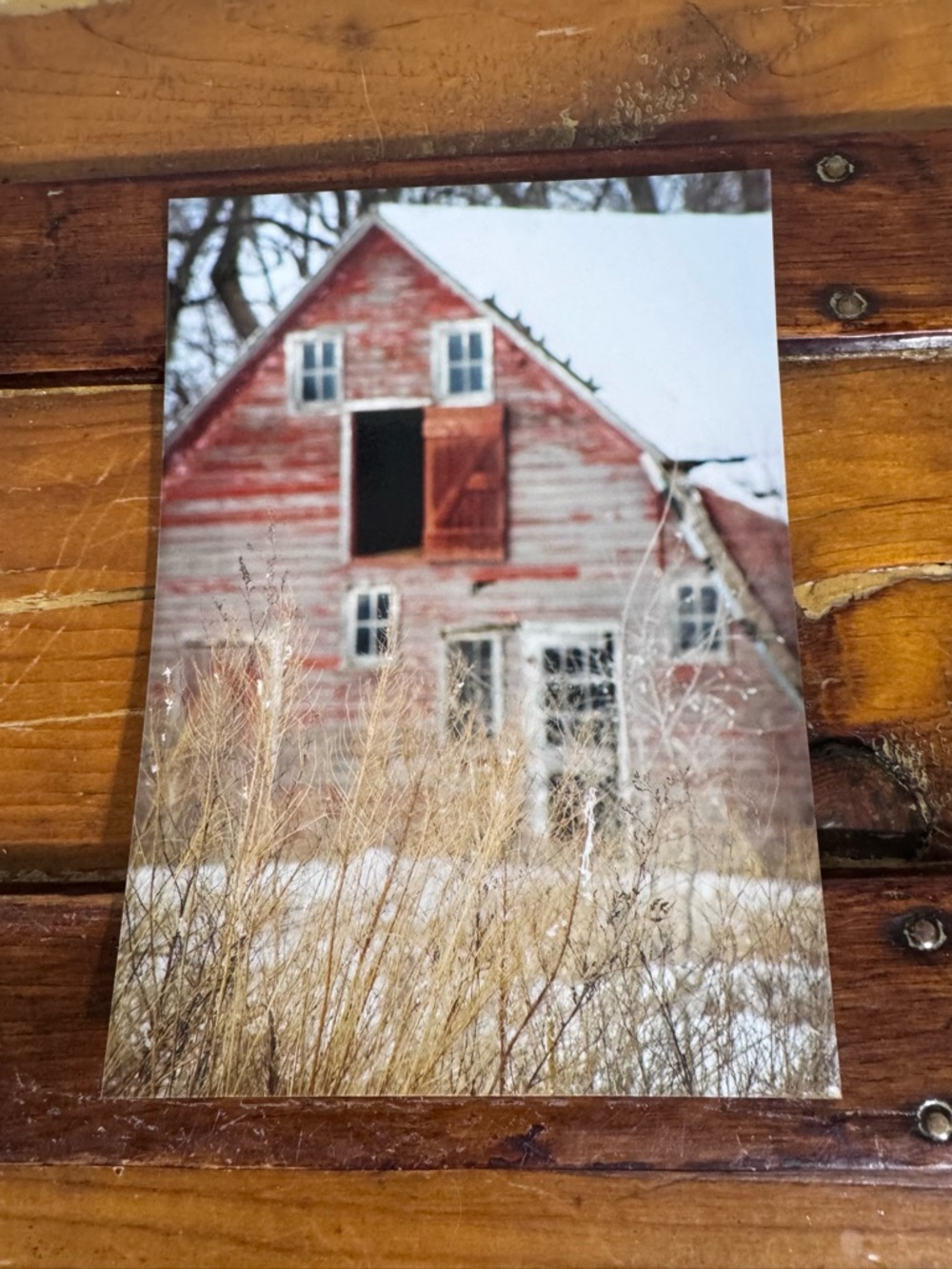 Rustic Red Barn Photo Print with Snowy Field